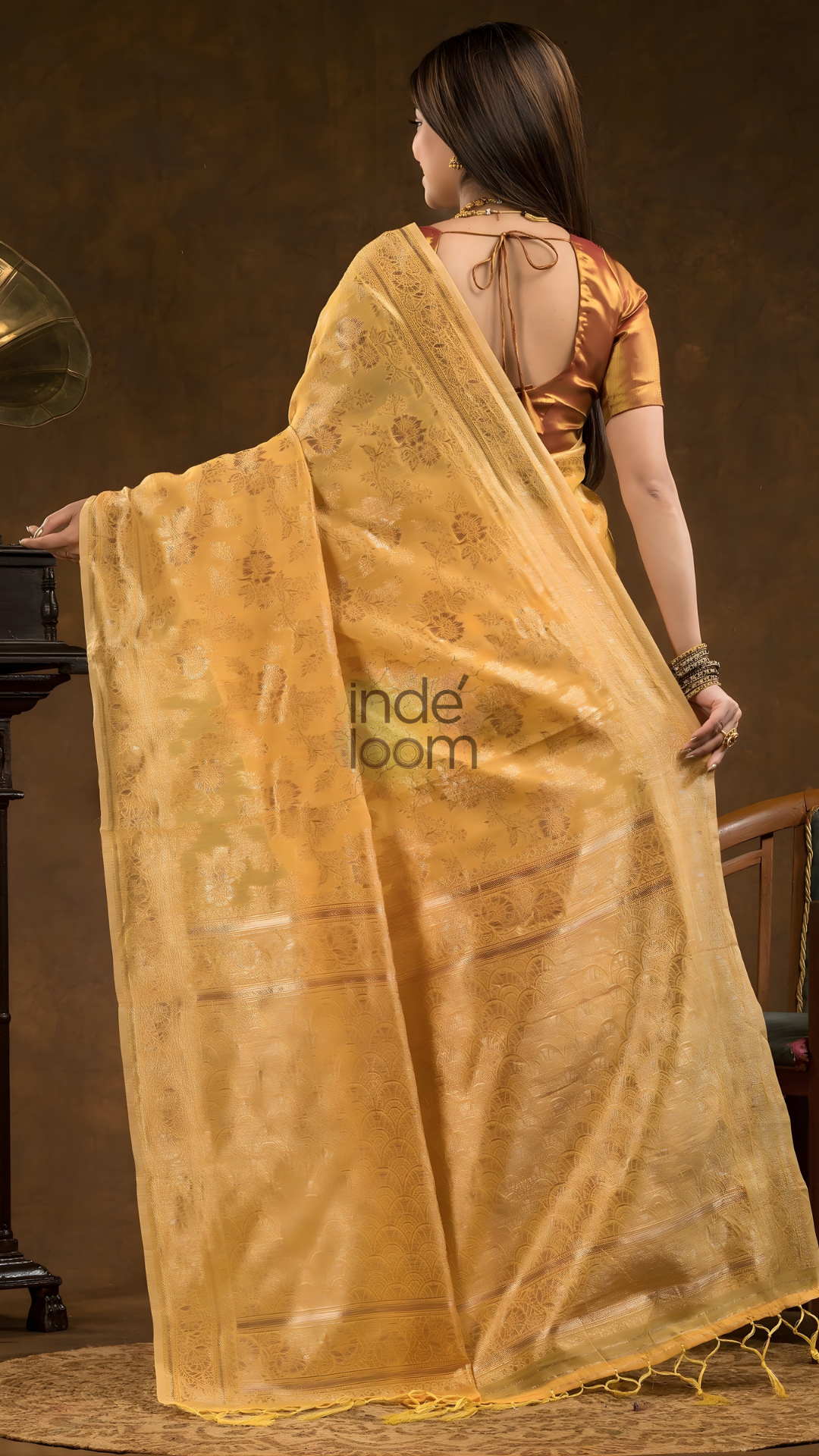 Floral woven design Silk blend Jacquard Saree | Golden Yellow