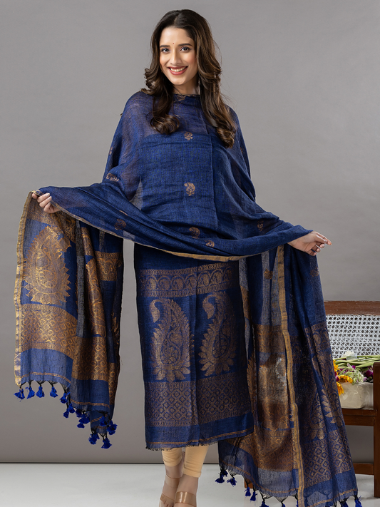 Handwoven Jamdani Linen Unstitched 2-Piece Kurti | Deep Navy Blue