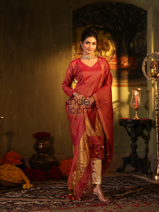Handwoven Jamdani Silk Linen Unstitched 2-piece Kurti  |  Brick Red