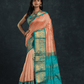 Pure handloom Korvai Silk Cotton Saree in Peach and Azure Blue Border - 054