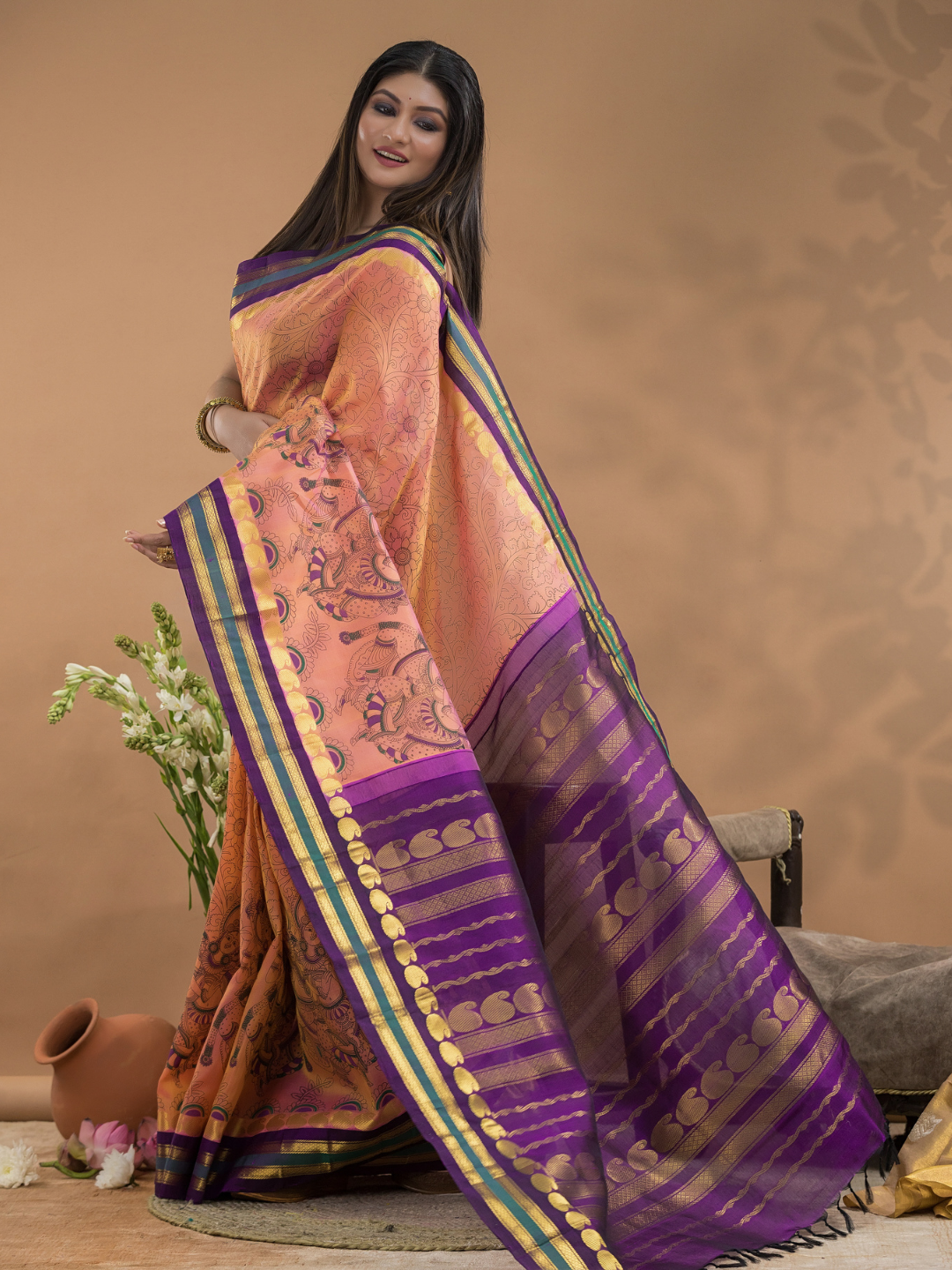 Pure Handloom Korvai Saree | Peach Pink
