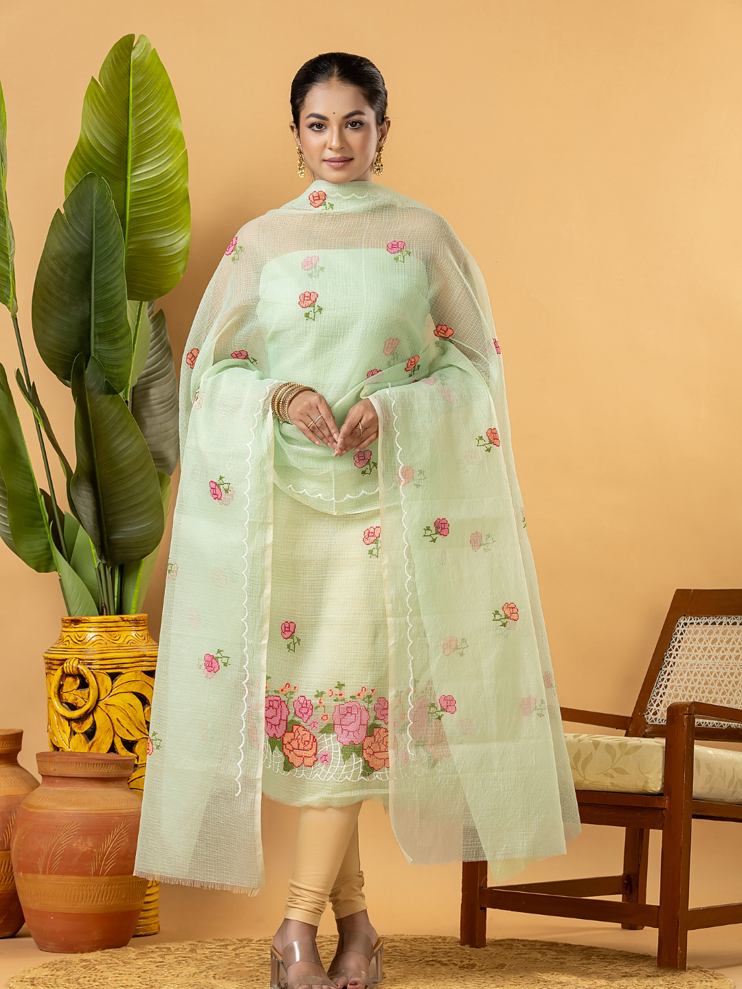 Classic Kota Doria Cotton Unstitched 2-Piece Kurti | Pista Green
