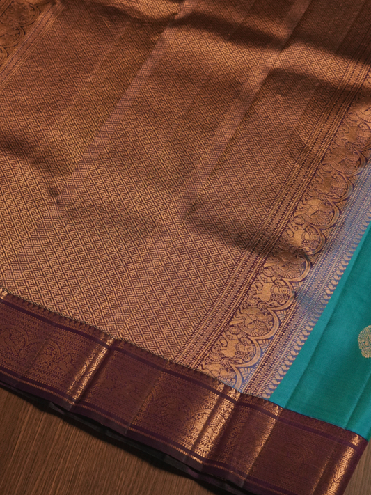 Silk Mark Certified Handloom Kanjivaram Silk Saree  |  Cyan Teal