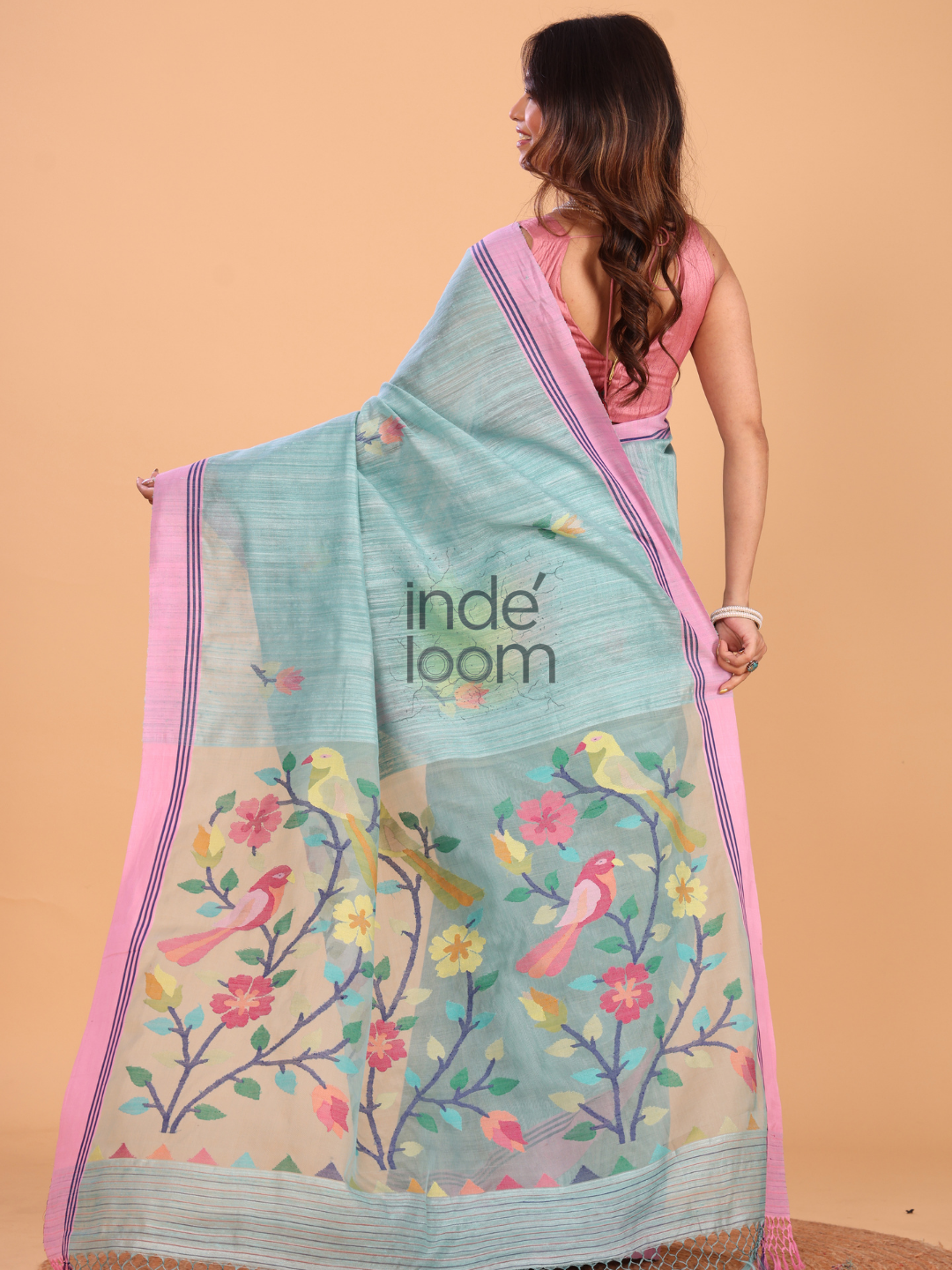Jamdani Saree With Aqua Blue - 140
