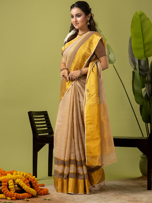 Pure Handloom Linen Saree | Pale Yellow and Yellow  | Half and Half style with Contrast Border