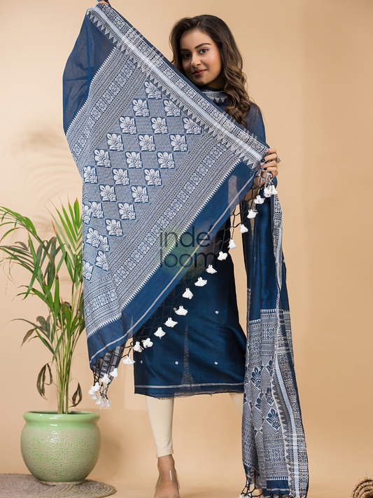 Navy Blue Muslin Cotton X Baluchari 2-Piece Set Kurti & Dupatta (UNSTITCHED) - 120