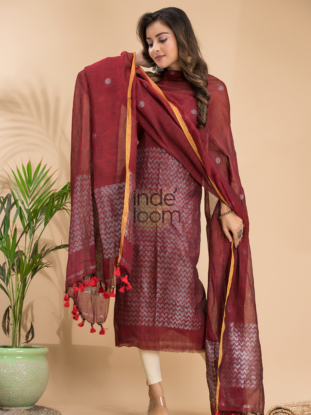 Cherry Red Linen X Linen 2-Piece Set Kurti & Dupatta (UNSTITCHED) - 009