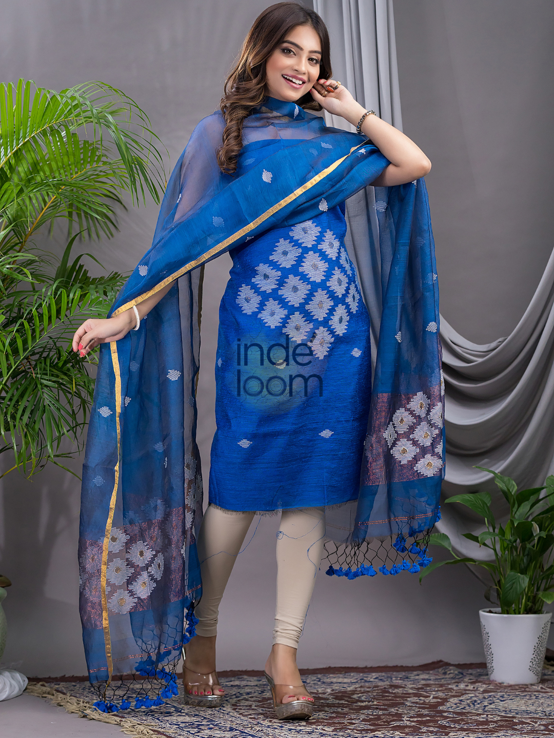 Indigo Blue Matka Jamdani 2-Piece Set Kurti & Dupatta (UNSTITCHED) - 109