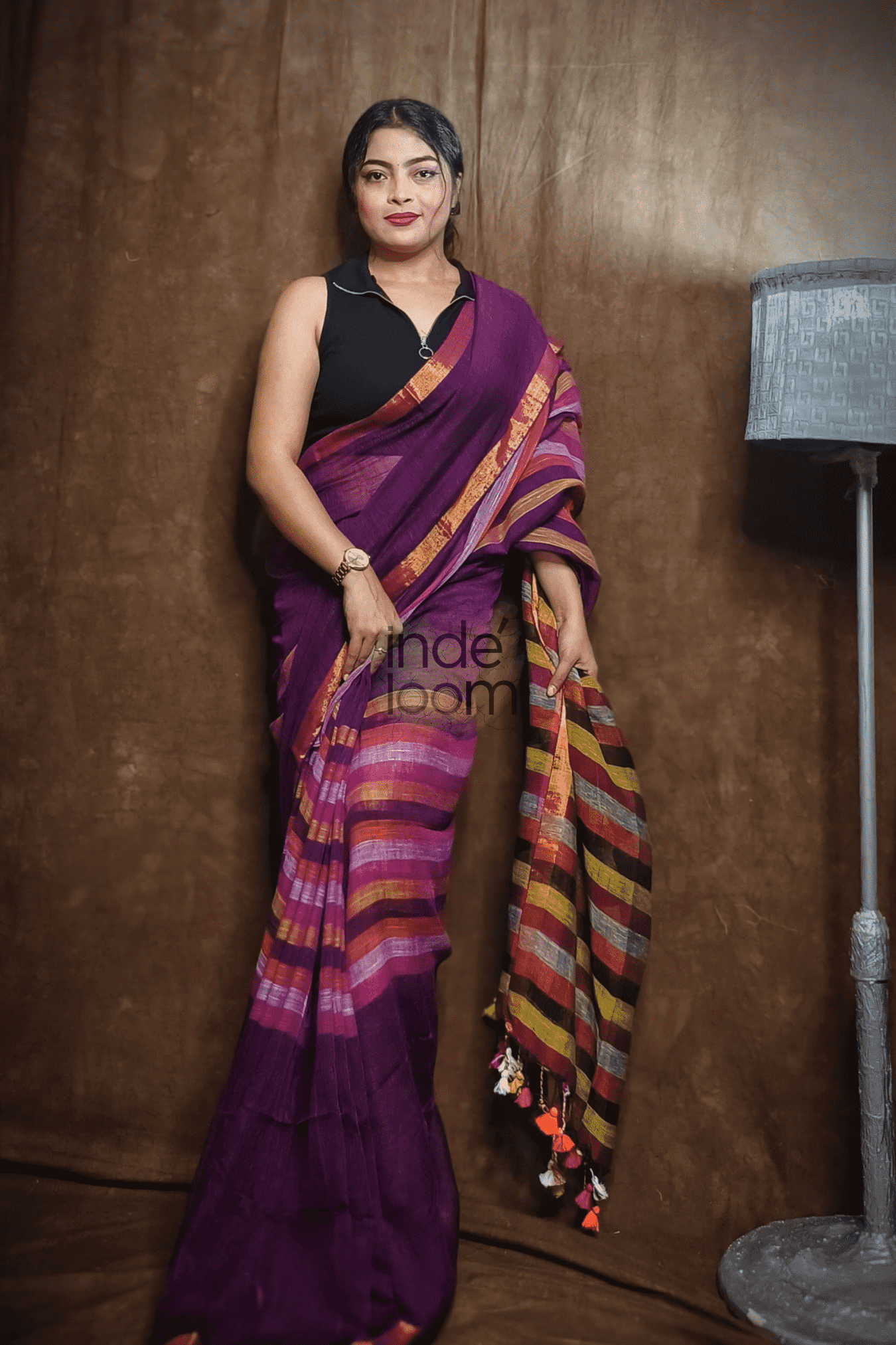 Handloom Linen Checks Saree with Pink and Multicolor Stripes-009 - indeloom