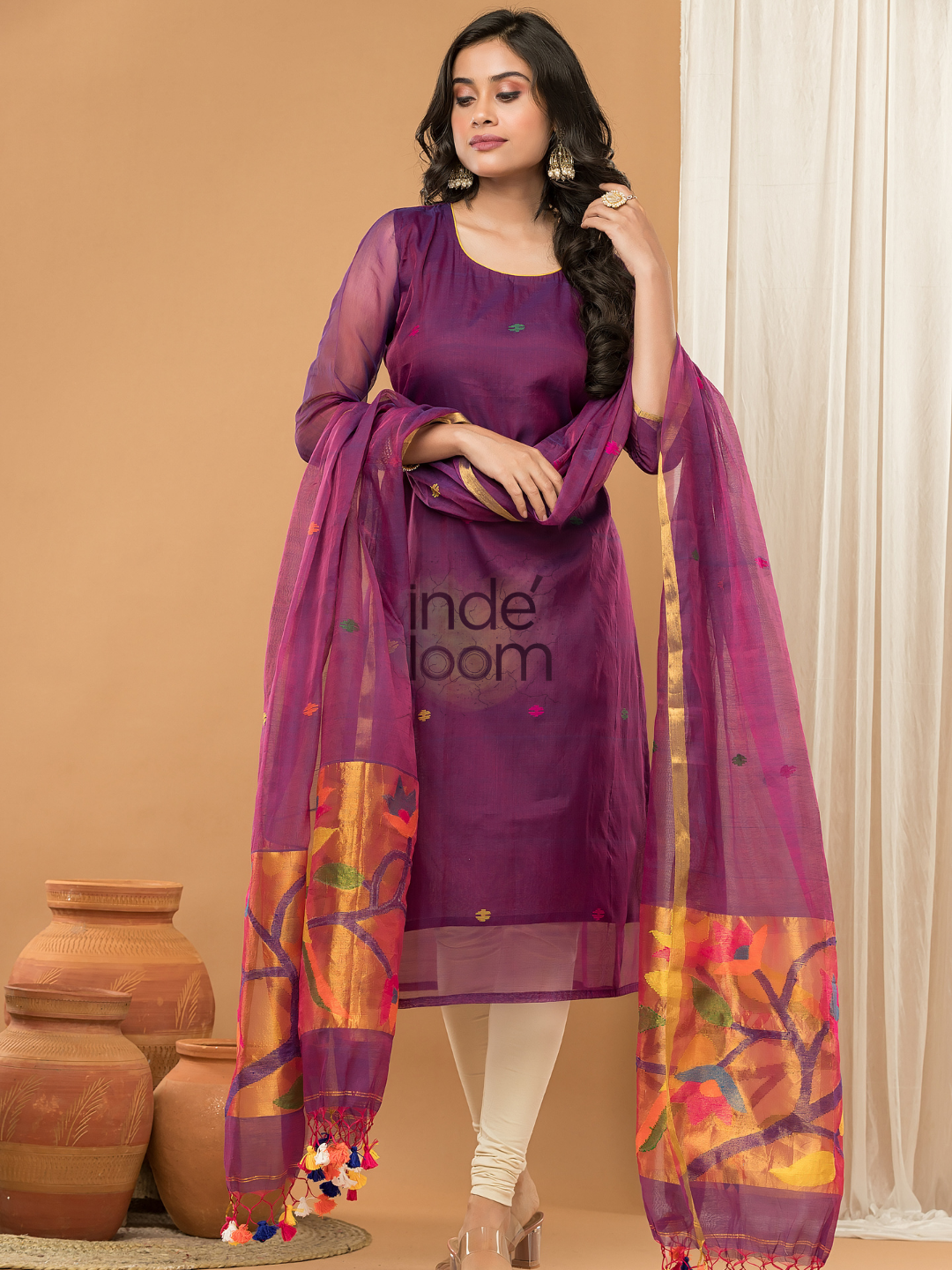 Berry Plum | Handloom Jamdani Muslin Unstitched 2-Piece Kurti