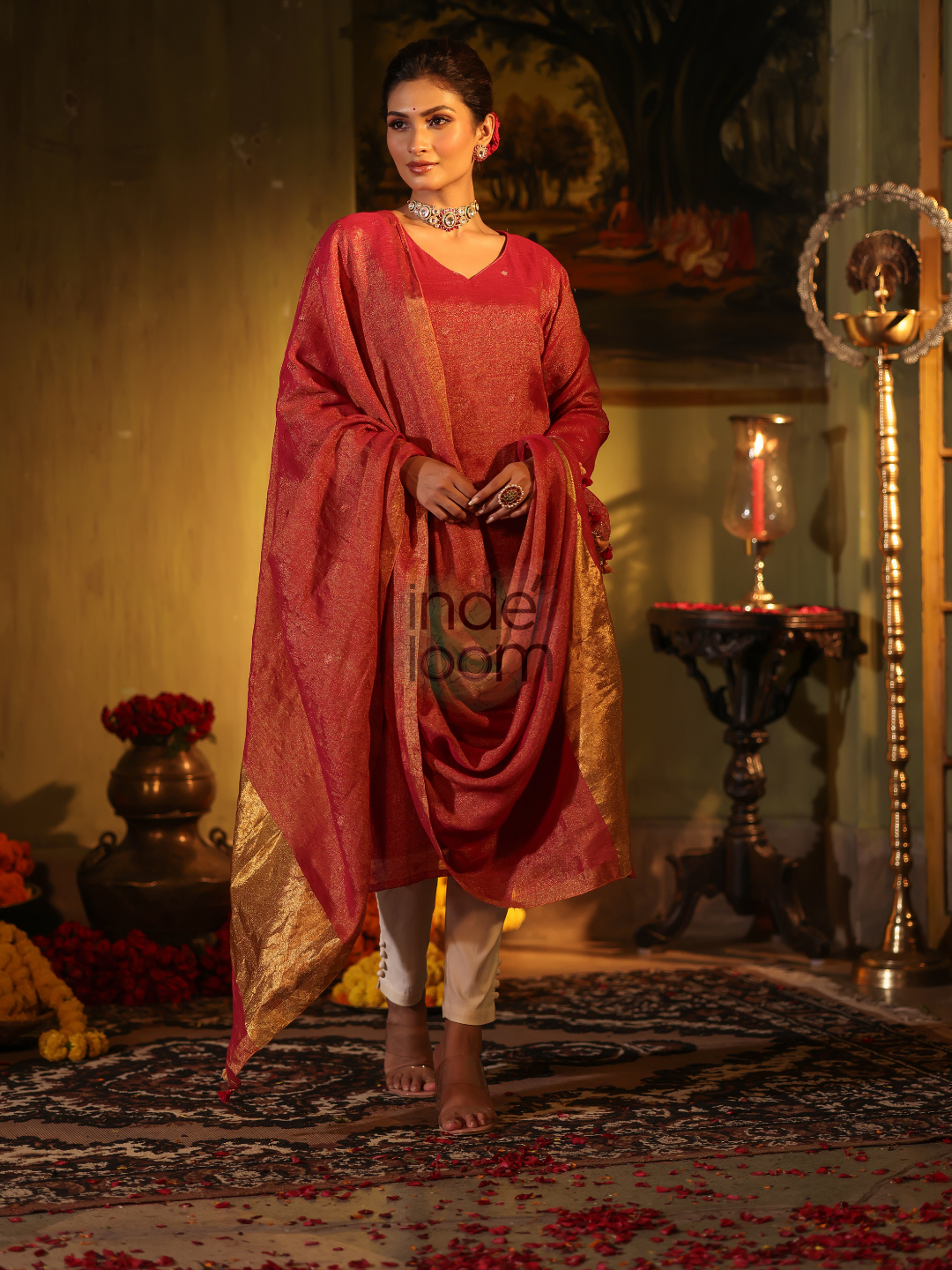 Shaded Red Tissue 2-Piece Set Kurti & Dupatta (UNSTITCHED) - 310