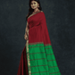 Pure Handloom Korvai Silk Cotton Saree in Wine Red and Green with Elephant Border - 143