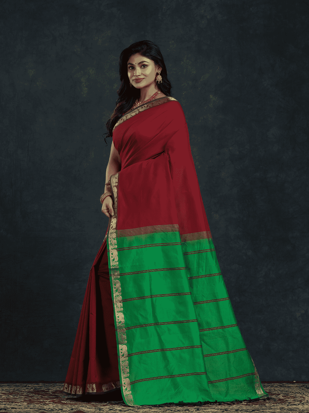 Pure Handloom Korvai Silk Cotton Saree in Wine Red and Green with Elephant Border - 143