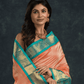Pure handloom Korvai Silk Cotton Saree in Peach and Azure Blue Border - 054