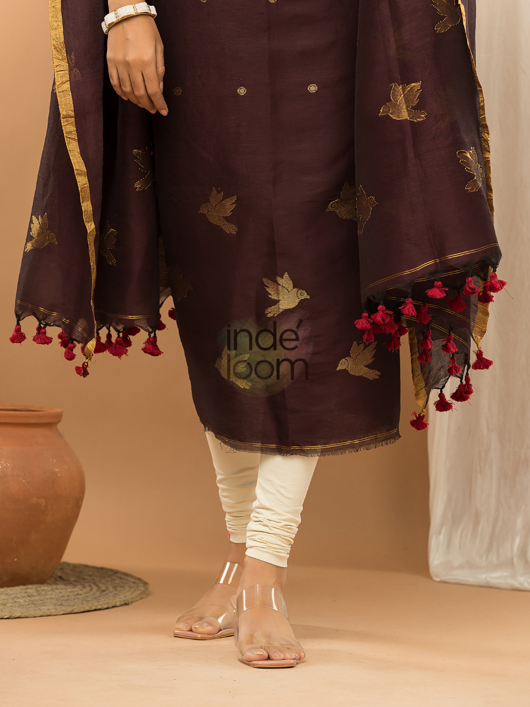 Dark Bronze color Jamdani 2-Piece Set Kurti & Dupatta (UNSTITCHED) - 146