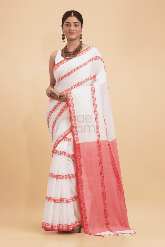 Dewali Saree Handloom Cotton White with Red Pallu-009 - indeloom