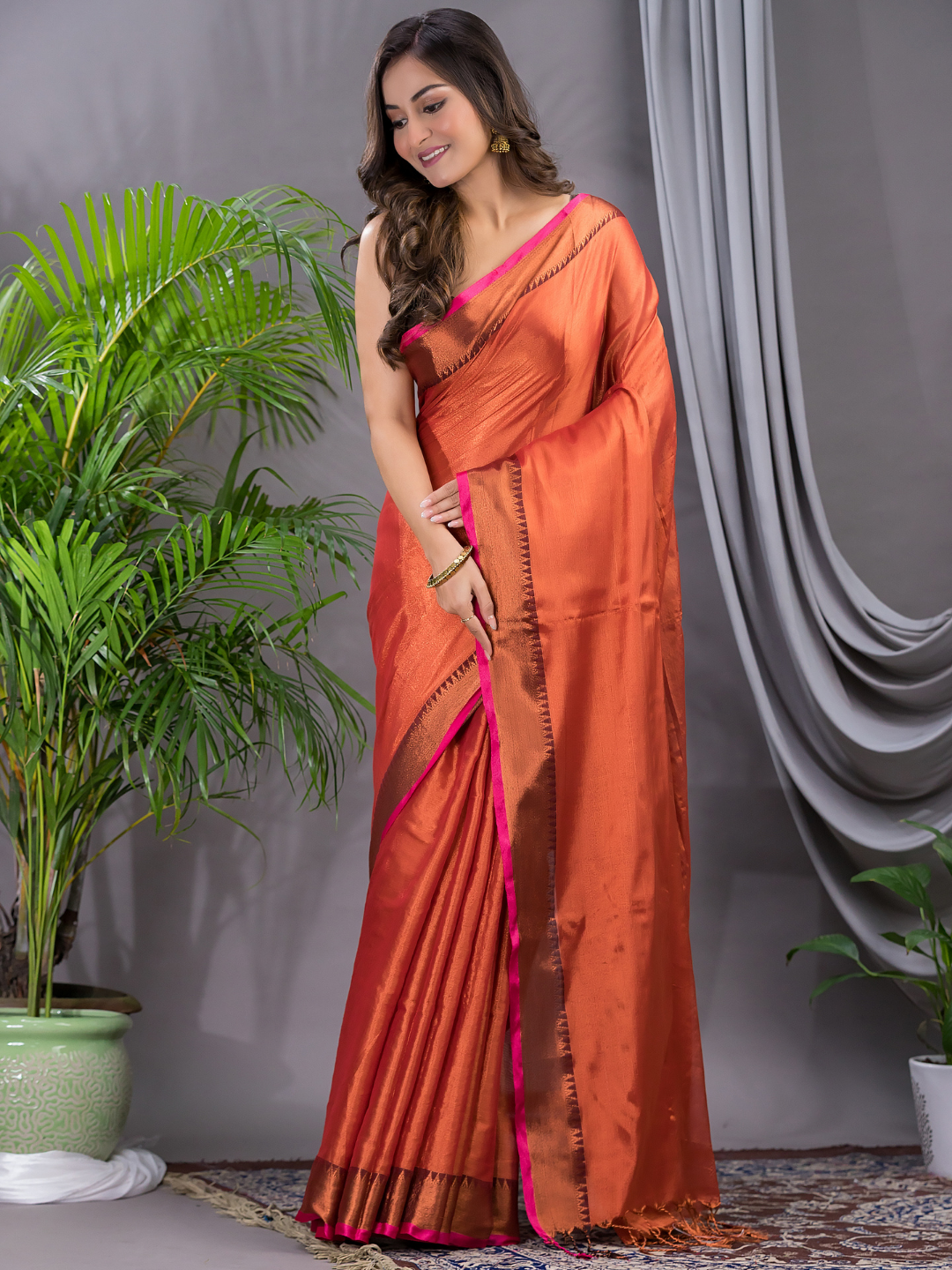 Tissue Silk Saree With Bright Orange - 014