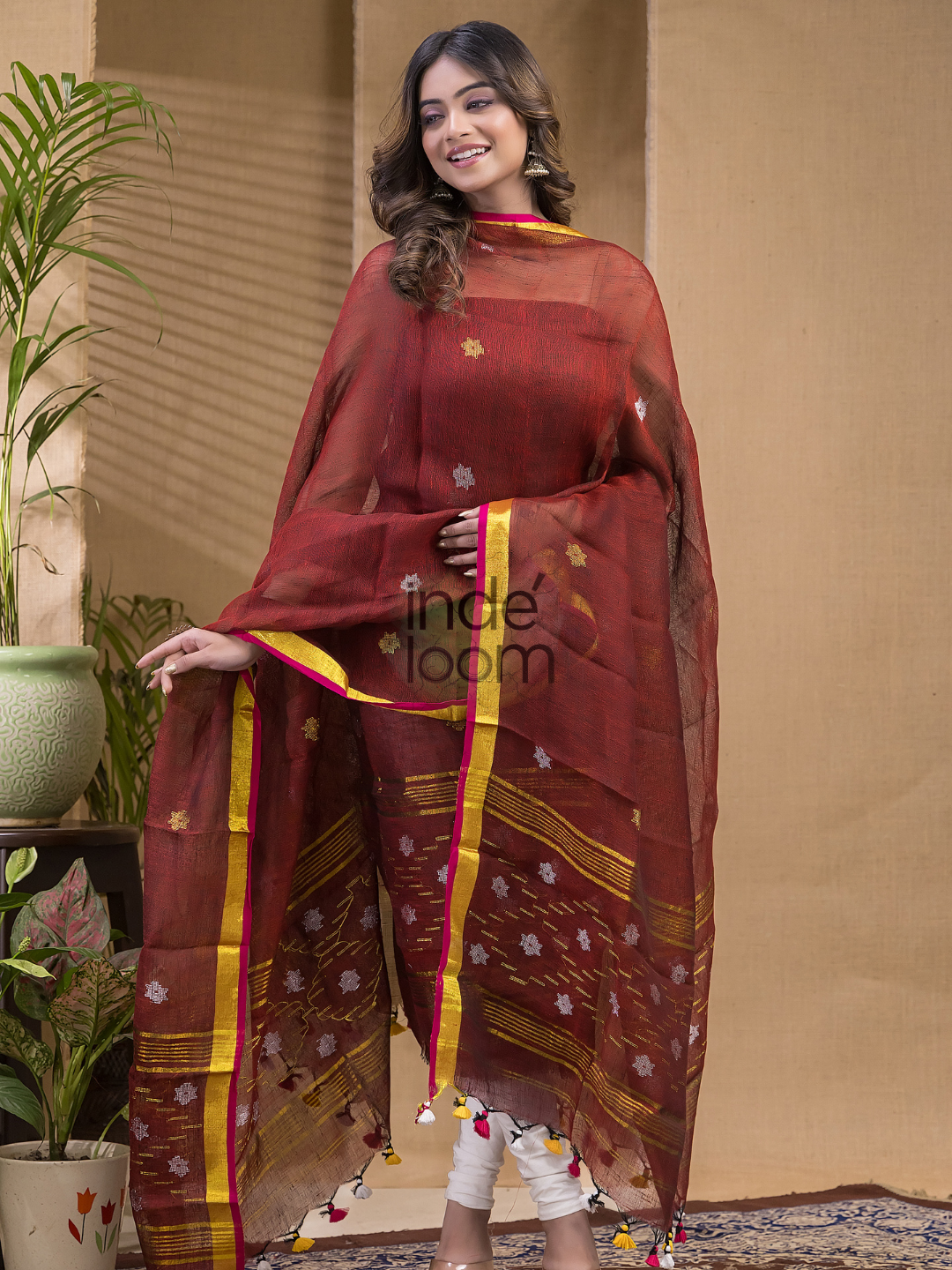 Blood Red Pure Linen Suit 2 Piece Set Kurti & Dupatta (UNSTITCHED) -619