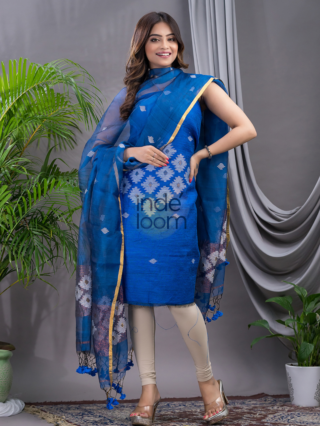 Indigo Blue Matka Jamdani 2-Piece Set Kurti & Dupatta (UNSTITCHED) - 109