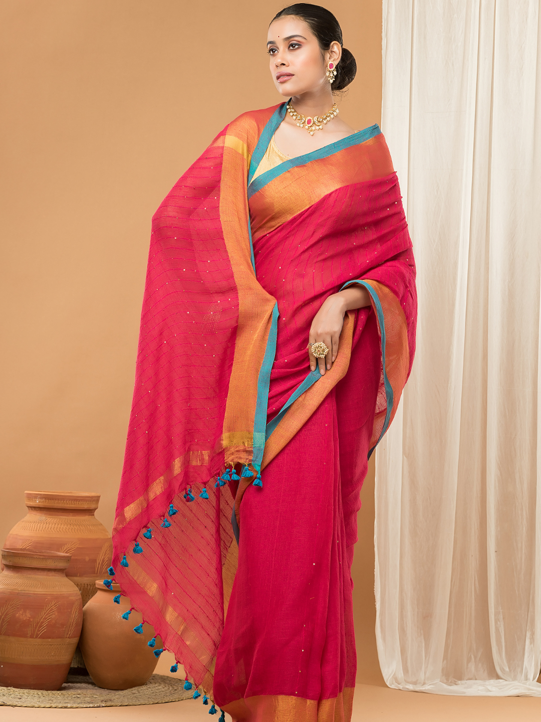 Linen Sequin Jamdani Saree With Rose Red -006