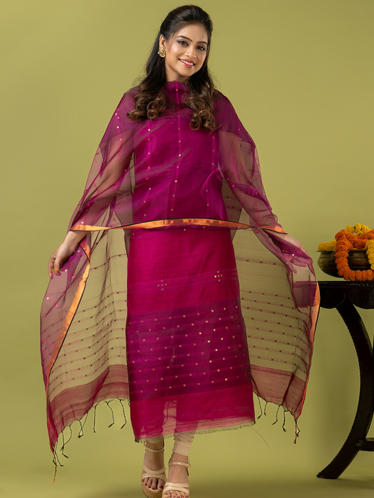 Handwoven Jamdani Muslin Unstitched 2-piece Kurti | Fuchsia Pink