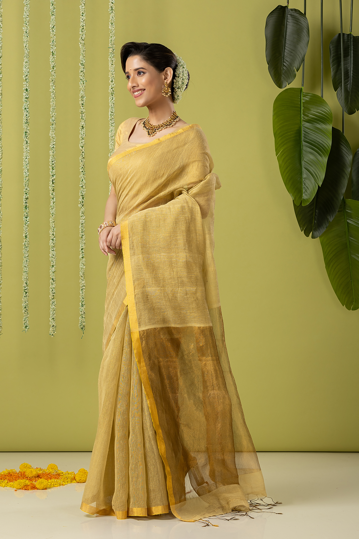Pure Handloom Linen Saree | Khaki | Plain Body with Ribbon border