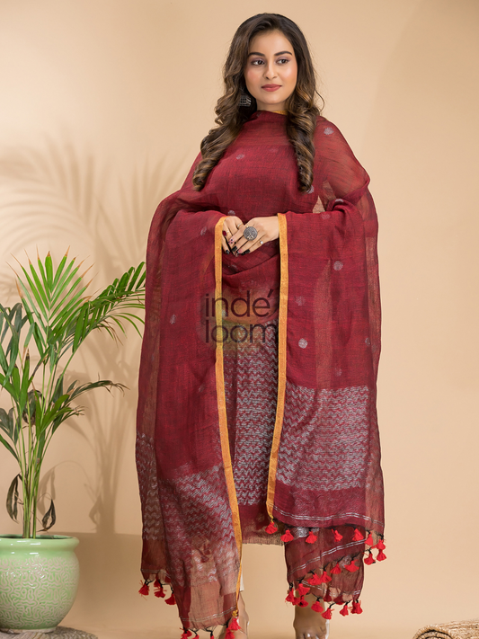 Handwoven Jamdani Silk Cotton Unstitched 2-piece Kurti  |  Wine Red