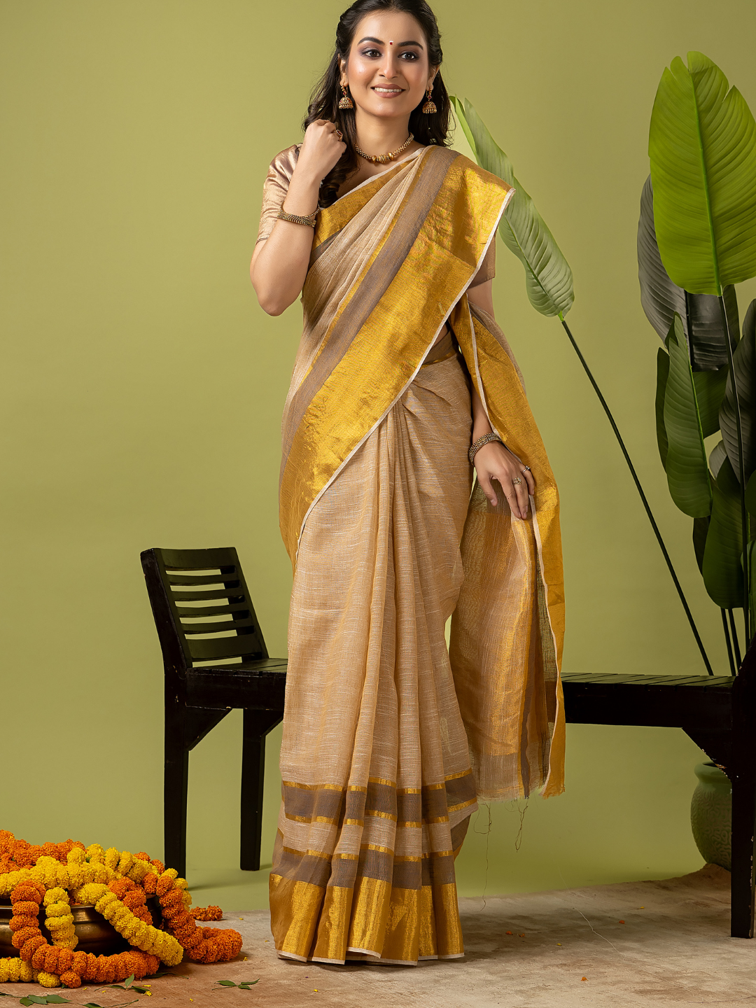 Pure Handloom Linen Saree | Pale Yellow  and Yellow  | Half and Half style with Contrast Border
