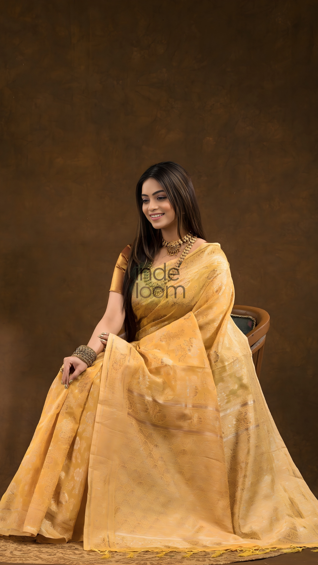 Floral woven design Silk blend Jacquard Saree | Golden Yellow