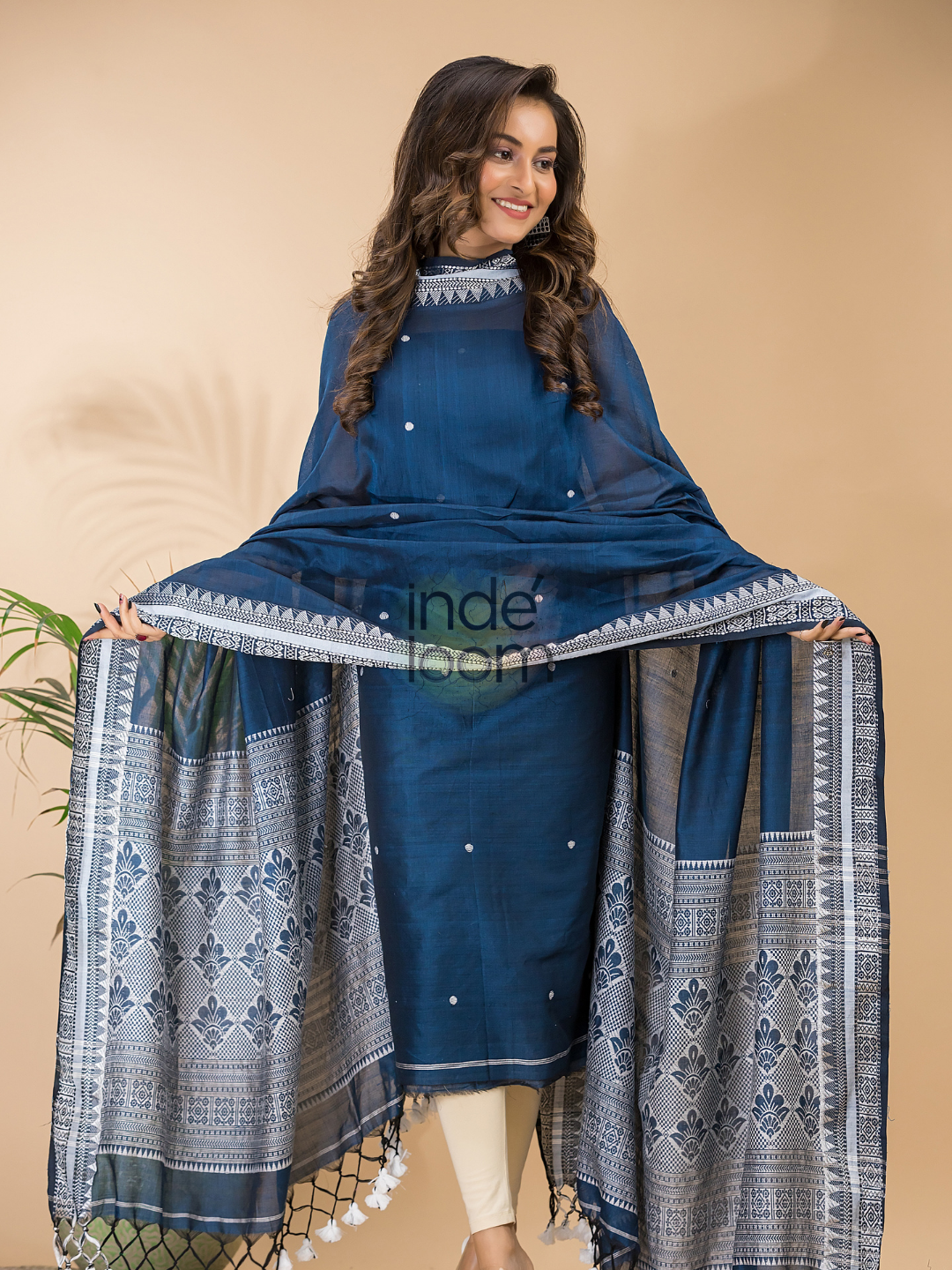 Navy Blue Muslin Cotton X Baluchari 2-Piece Set Kurti & Dupatta (UNSTITCHED) - 120