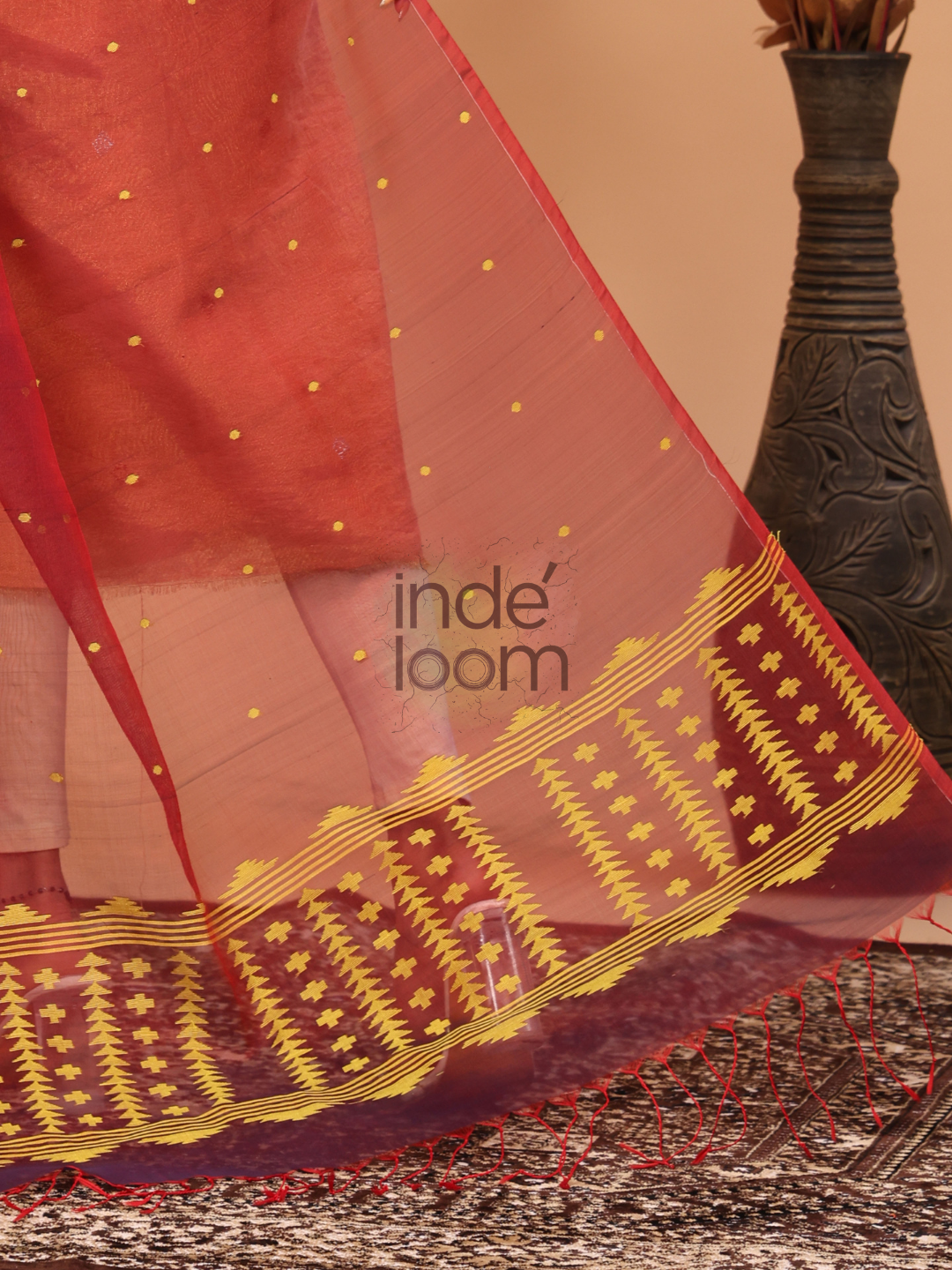 Pure Handloom Muslin Jamdani Dupatta With Wine Red - 012