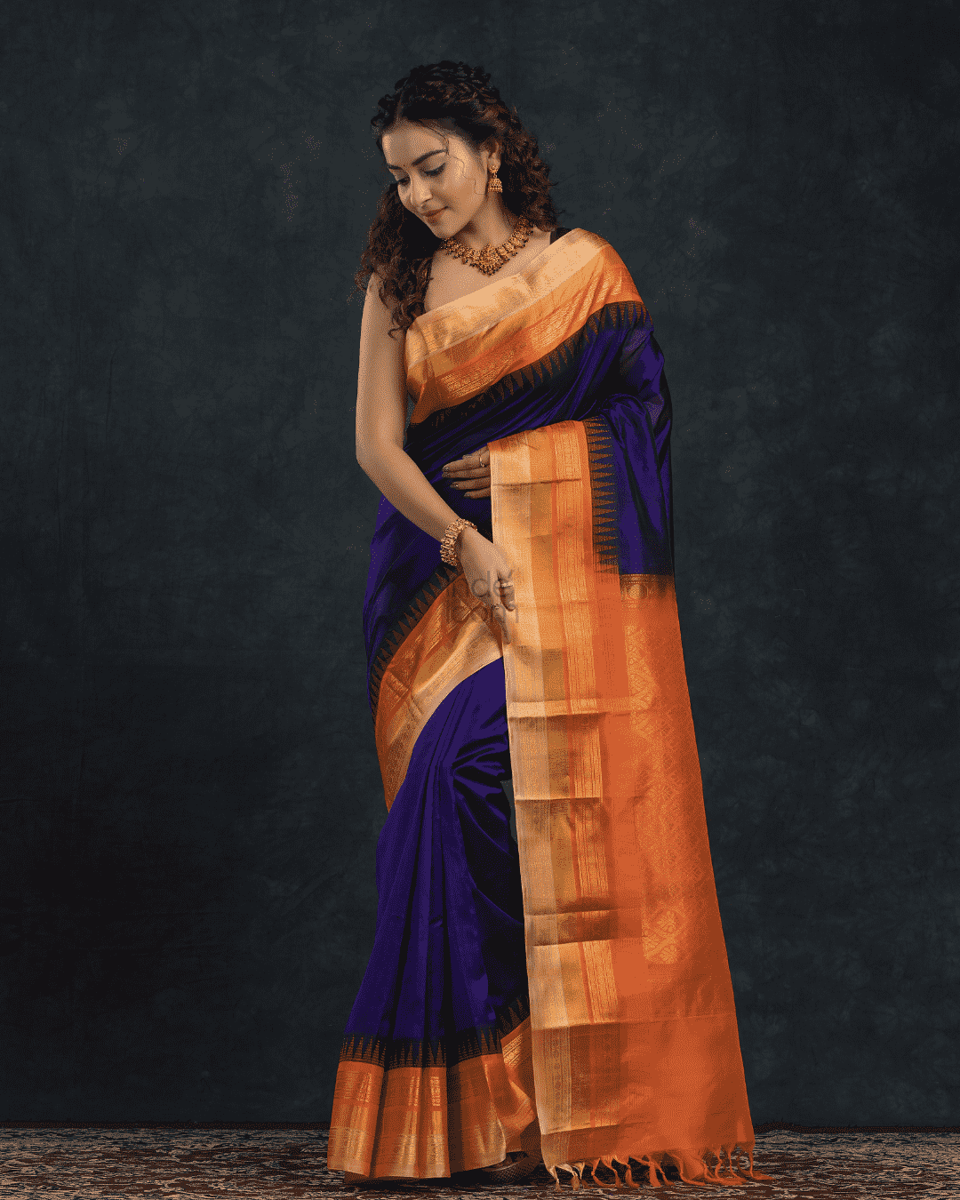 Pure Handloom Korvai Saree | Wine Purple and Orange Border | Temple Border