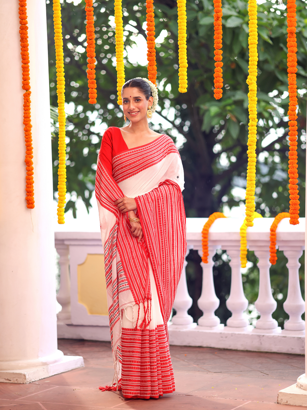 Cotton Linen Saree With Powder White - 115