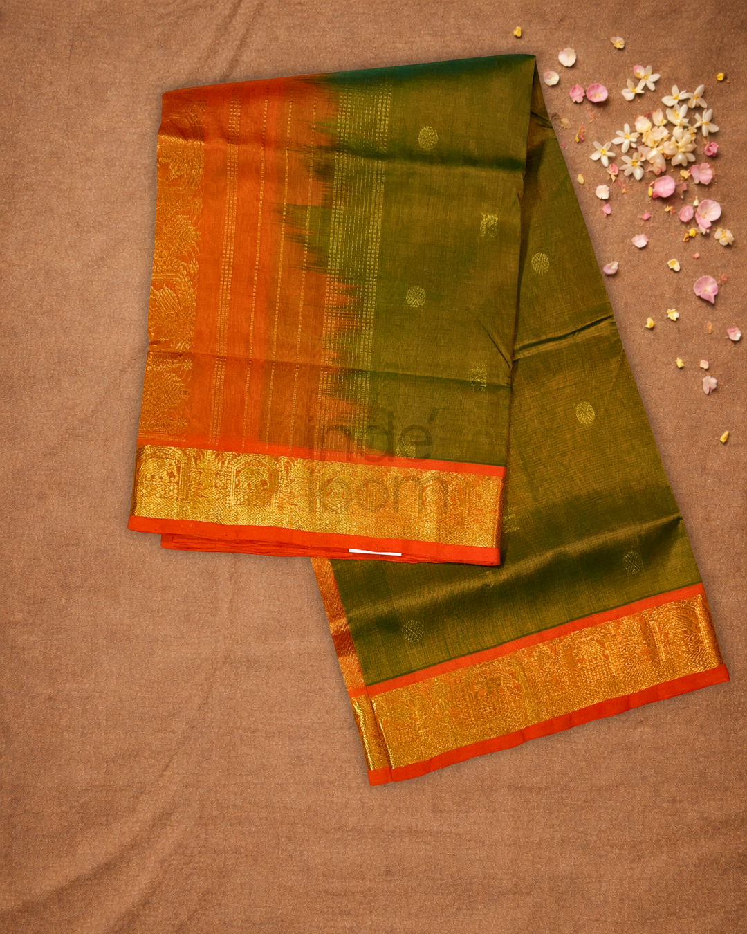 Handloom Korvai Silk Cotton Saree  |  Moss Green