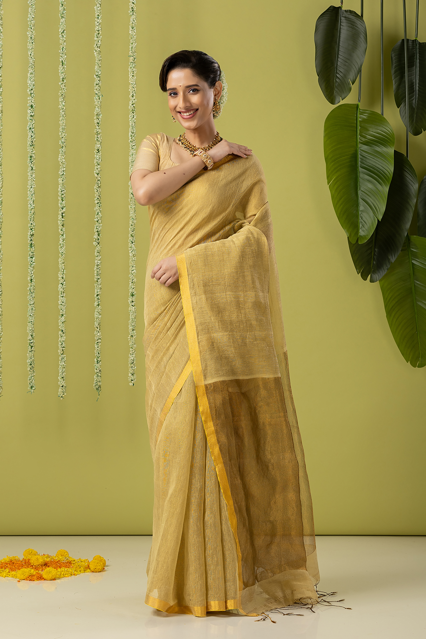 Pure Handloom Linen Saree | Khaki | Plain Body with Ribbon border