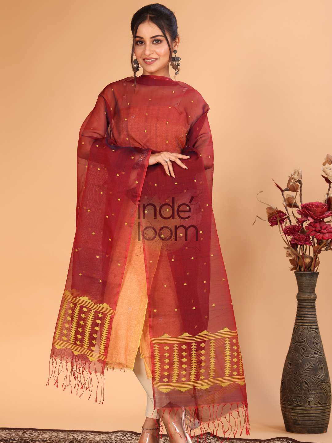 Pure Handloom Muslin Jamdani Dupatta With Wine Red - 012