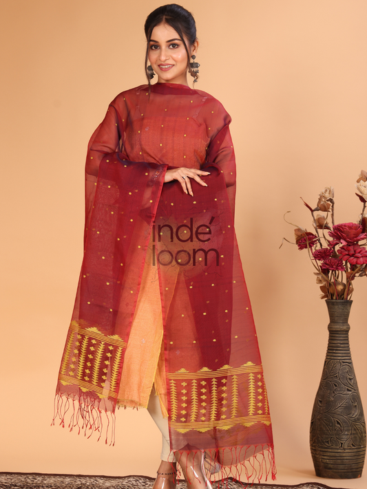 Pure Handloom Muslin Jamdani Dupatta With Wine Red - 012