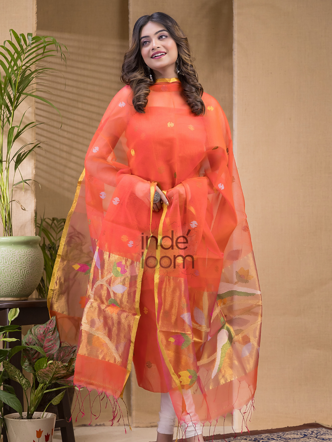 Pumpkin Orange Jamdani 2-Piece Set Kurti & Dupatta (UNSTITCHED) -666