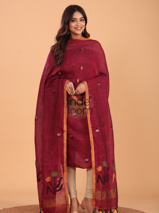 Handwoven Jamdani Linen Unstitched 2-piece Kurti  |  Wine Red