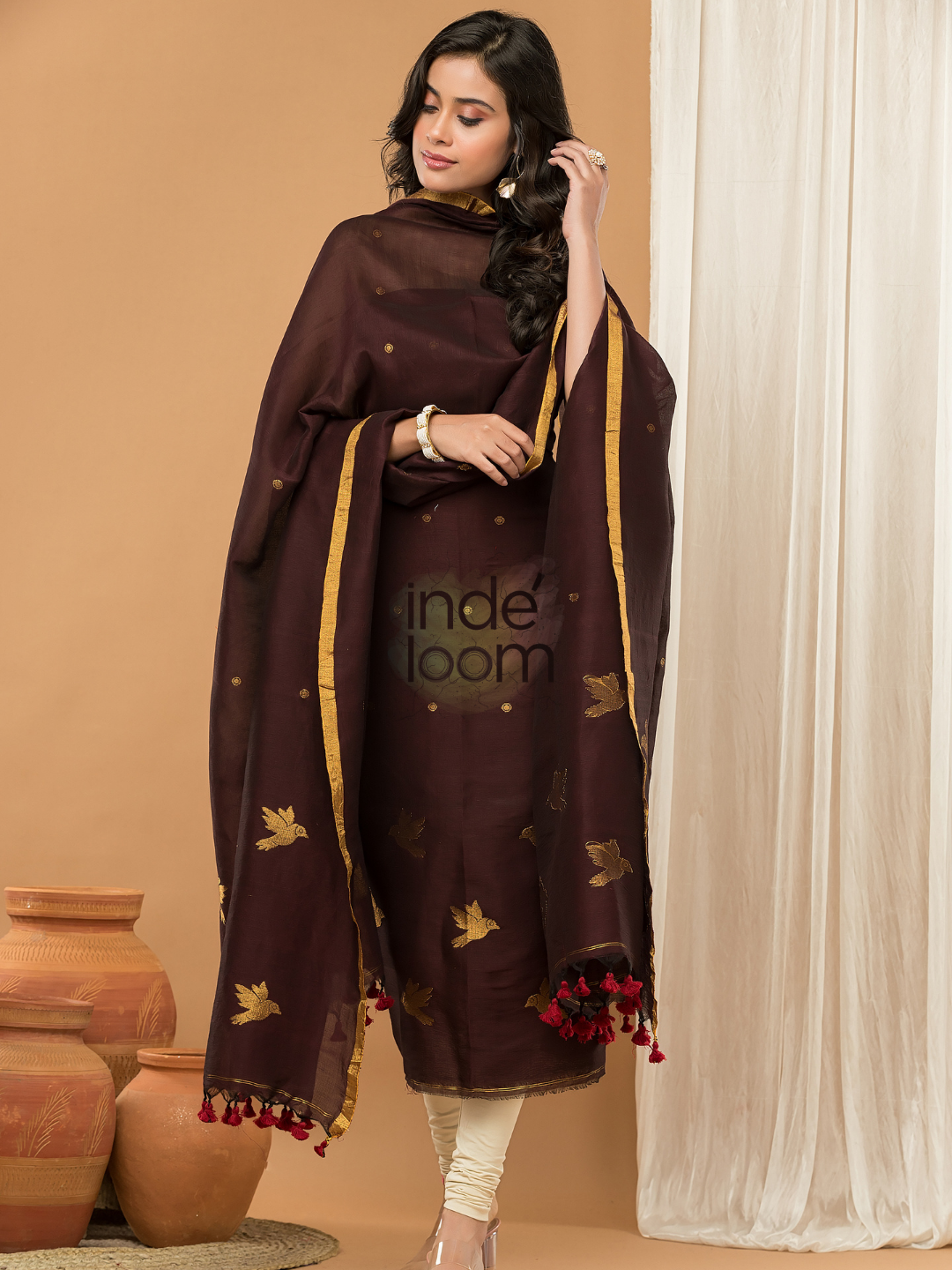 Dark Bronze color Jamdani 2-Piece Set Kurti & Dupatta (UNSTITCHED) - 146