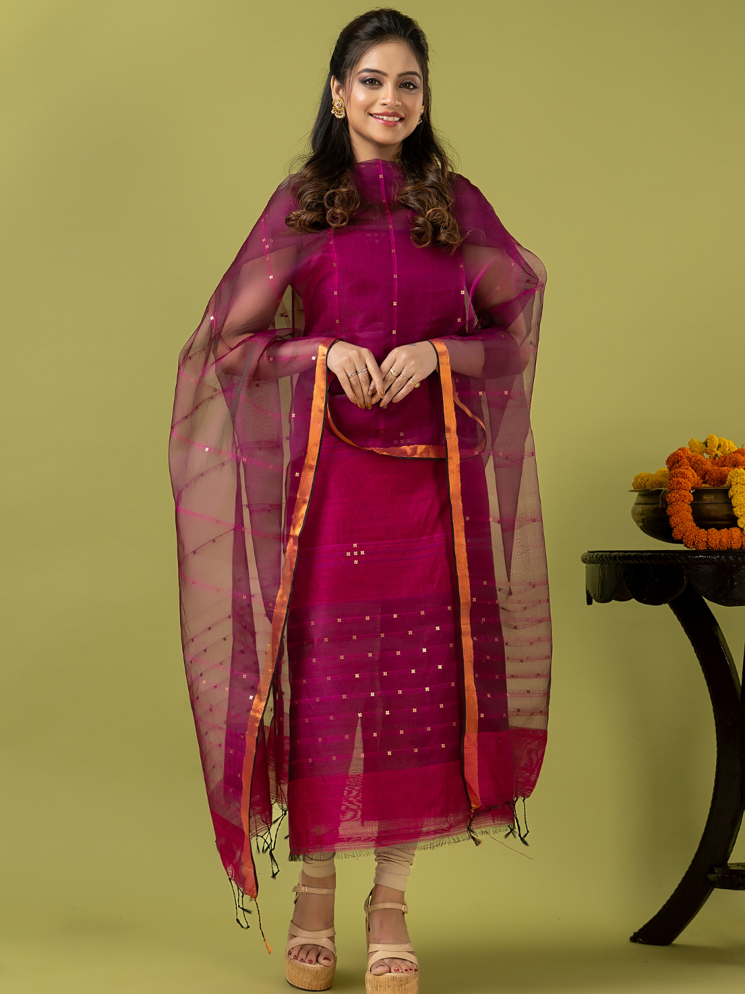 Handwoven Jamdani Muslin Unstitched 2-piece Kurti | Fuchsia Pink