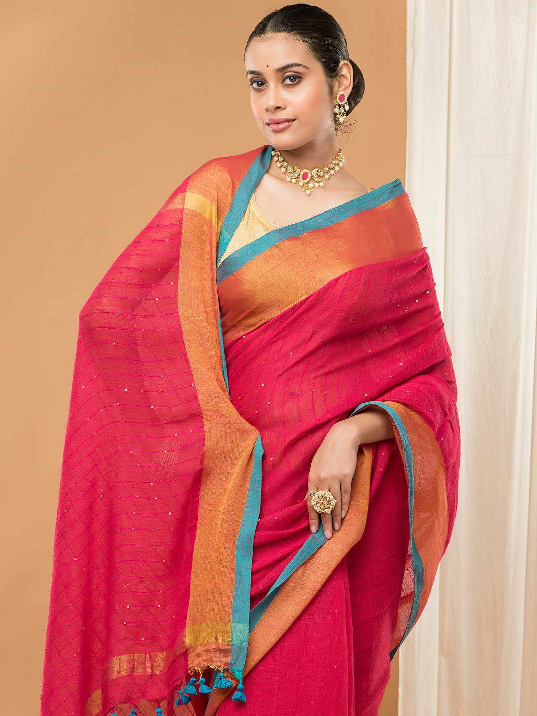 Linen Sequin Jamdani Saree With Rose Red -006