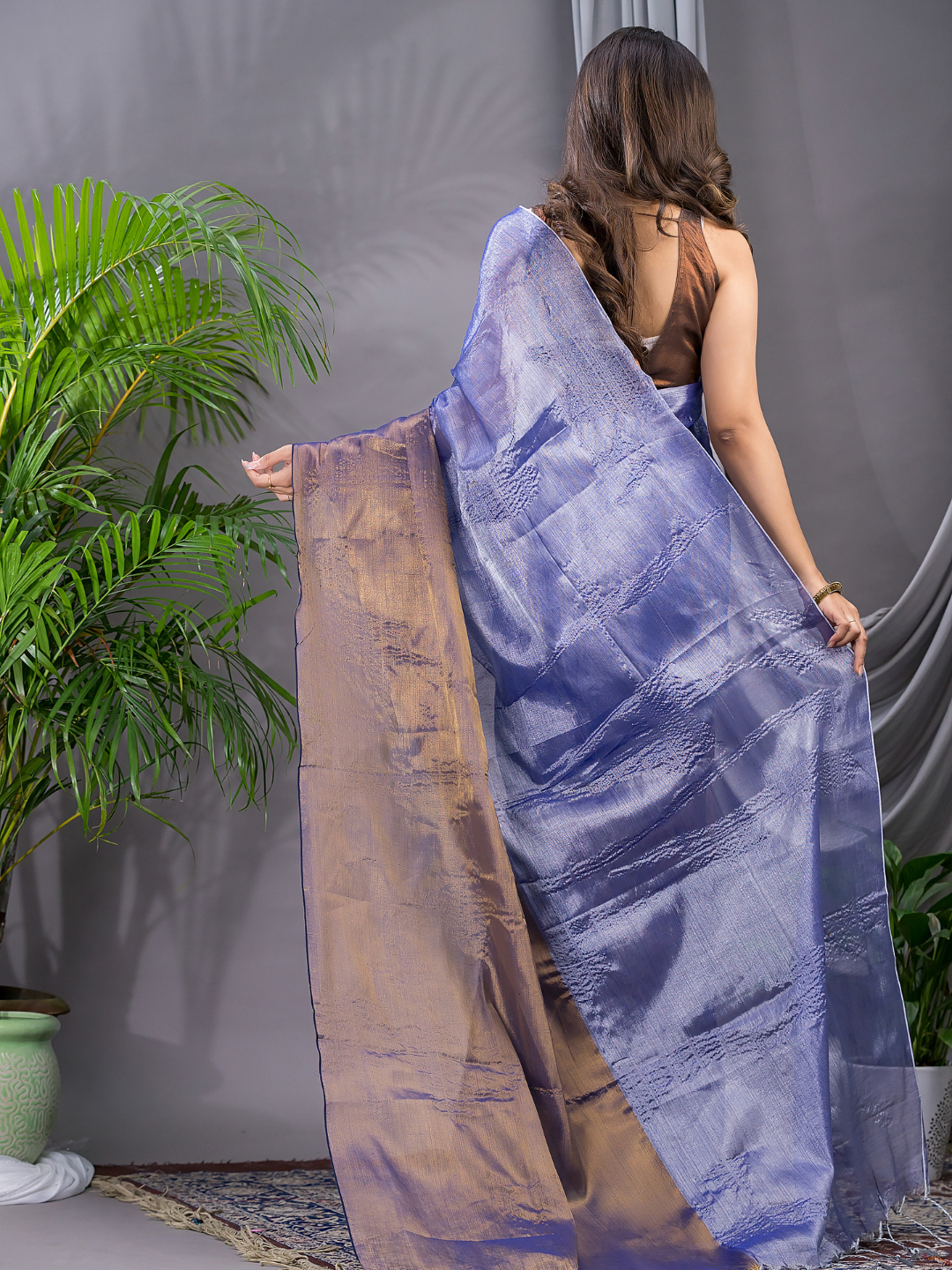 Tissue Silk Saree With Pigeon Blue - 015