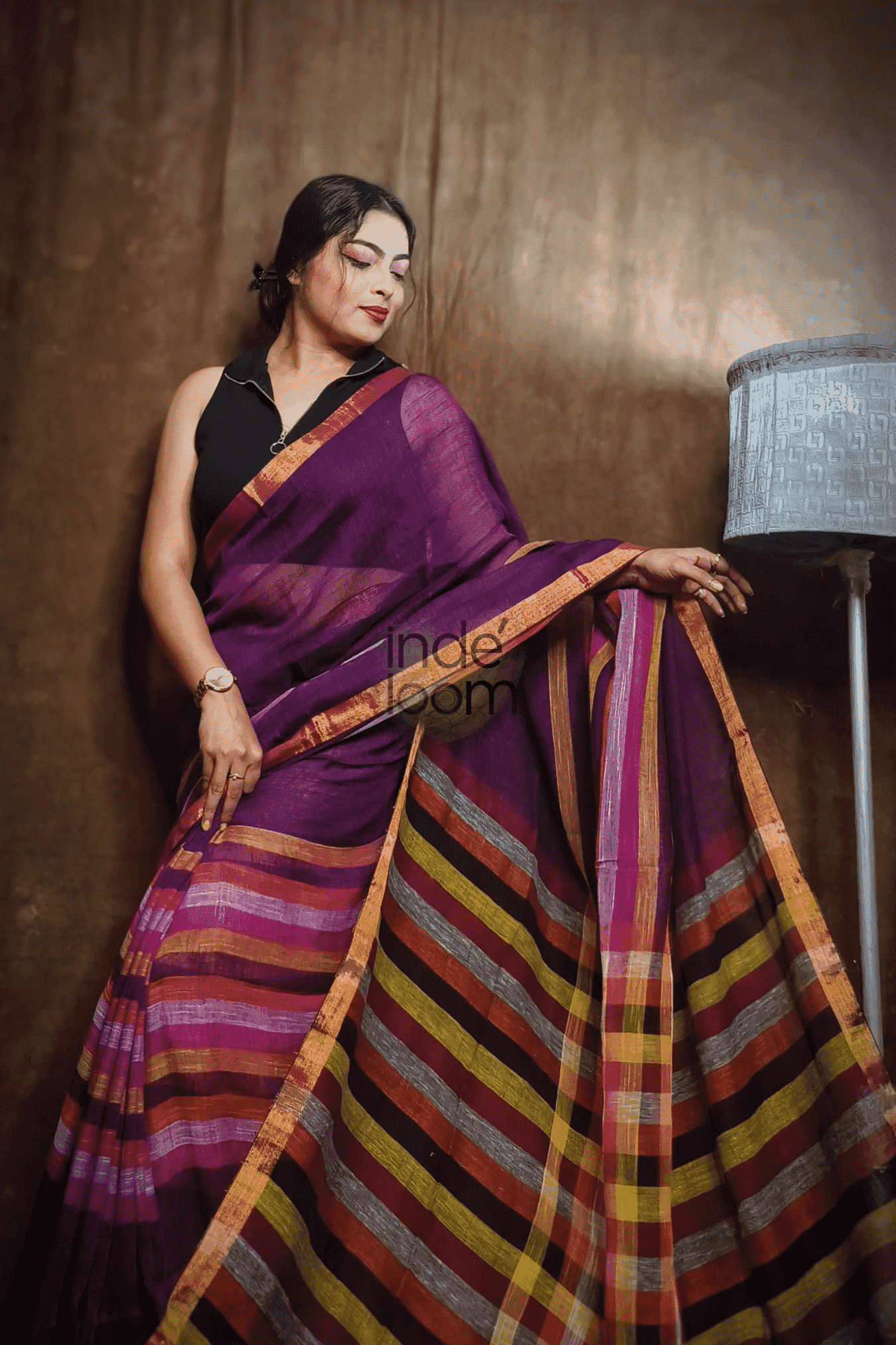Handloom Linen Checks Saree with Pink and Multicolor Stripes-009 - indeloom
