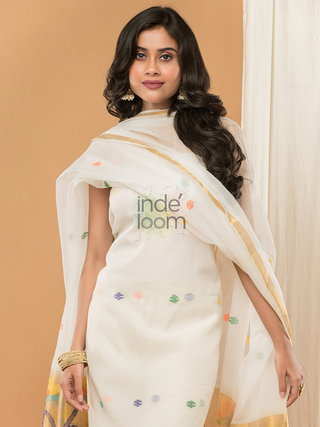 Sequin Paithani Jamdani Unstitched 2-Piece Kurti  |  Pure White