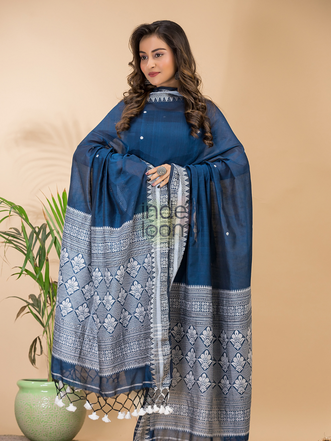 Navy Blue Muslin Cotton X Baluchari 2-Piece Set Kurti & Dupatta (UNSTITCHED) - 120