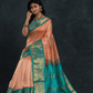 Pure handloom Korvai Silk Cotton Saree in Peach and Azure Blue Border - 054
