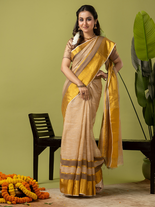 Pure Handloom Linen Saree | Pale Yellow and Yellow  | Half and Half style with Contrast Border