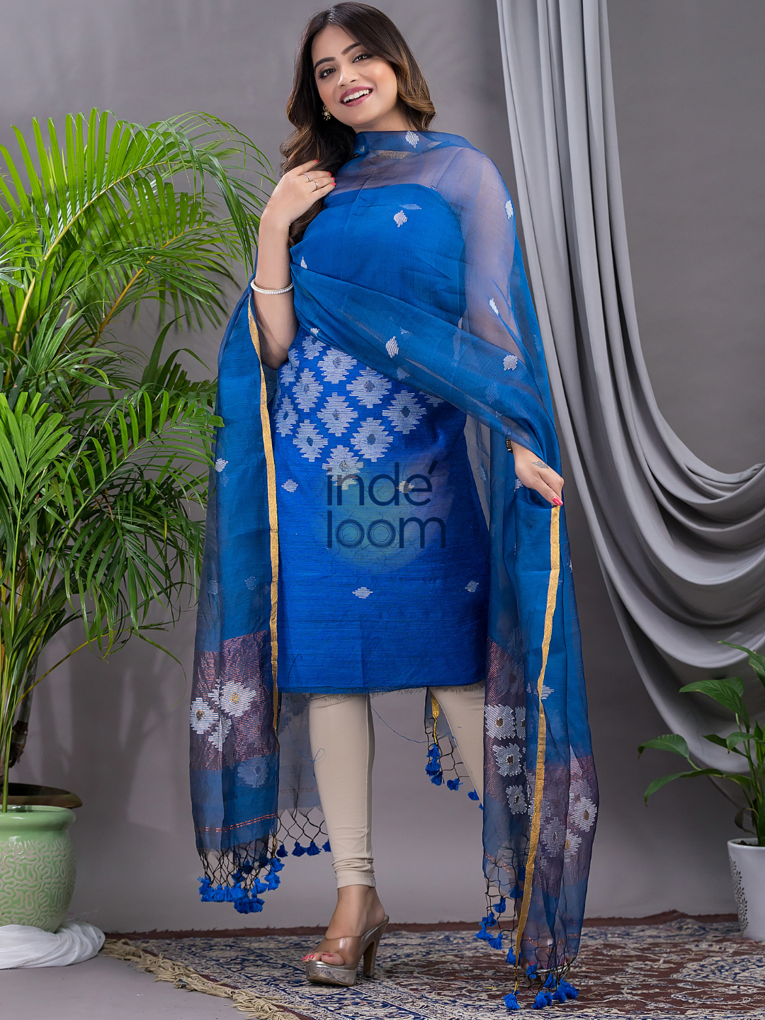 Indigo Blue Matka Jamdani 2-Piece Set Kurti & Dupatta (UNSTITCHED) - 109
