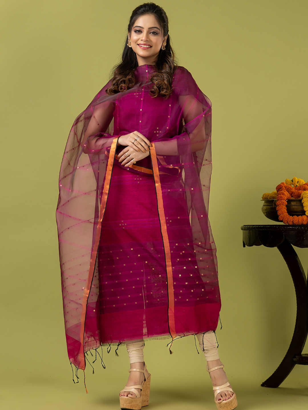Handwoven Jamdani Muslin Unstitched 2-piece Kurti | Fuchsia Pink